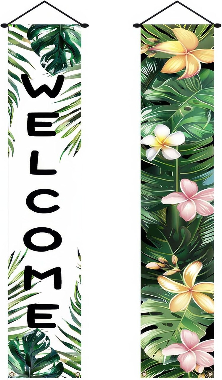 2pcs Welcome Summer Door Banner Hawaiian Porch Banners Sign Summer Sunshine Hibiscus Floral Front Door Hanging Decor Banner for Seasonal Home Hawaii Tropical Party Outdoor Decorations
